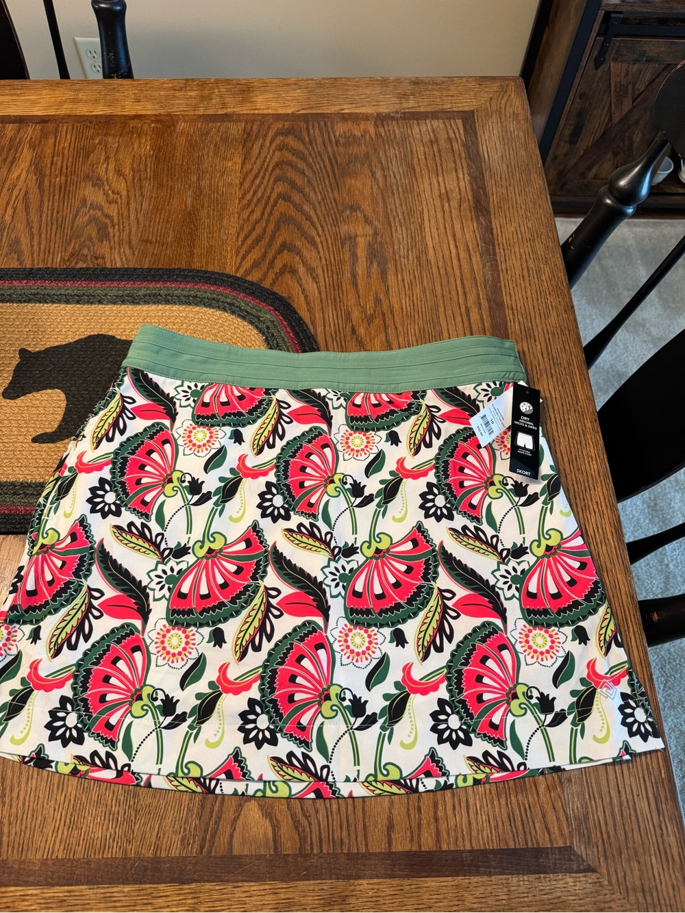 ZELOS Cream Skort with Pink Floral Print and Green Waistband